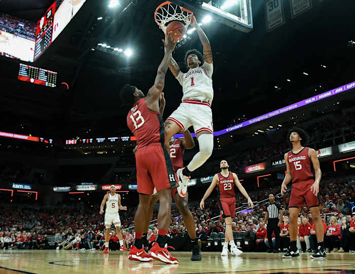 Indiana Hoosiers center Kel'el Ware (1) dunks the ball against Harvard Crimson guard Chandler Pigge (13) during the game against Harvard in Gainbridge Fieldhouse.